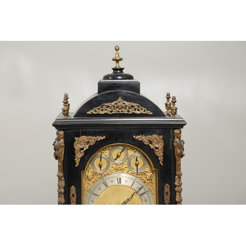 1432 - A GEORGE II STYLE EBONISED AND GILT METAL MOUNTED THREE TRAIN BRACKET CLOCK. the 7