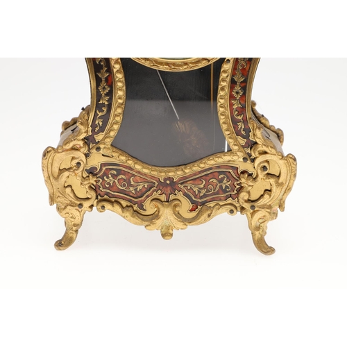 1444 - A 19TH CENTURY FRENCH BOULLE MANTEL CLOCK. the case with tortoiseshell and pierced brass overlay, en... 