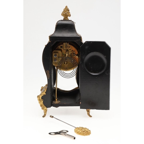 1444 - A 19TH CENTURY FRENCH BOULLE MANTEL CLOCK. the case with tortoiseshell and pierced brass overlay, en... 