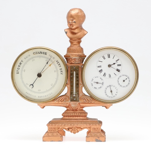 1448 - A 19TH CENTURY PAINTED CAST IRON AND BRASS CLOCK/BAROMETER. the cast iron frame modelled as a bust o... 