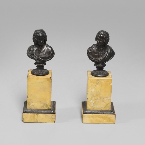 1455 - A PAIR OF 19TH CENTURY GRAND TOUR BRONZE BUSTS. possibly Rousseau and Voltaire, each depicted in per... 