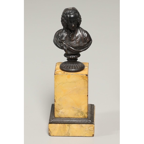 1455 - A PAIR OF 19TH CENTURY GRAND TOUR BRONZE BUSTS. possibly Rousseau and Voltaire, each depicted in per... 