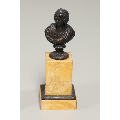 1455 - A PAIR OF 19TH CENTURY GRAND TOUR BRONZE BUSTS. possibly Rousseau and Voltaire, each depicted in per... 