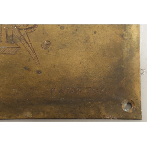 1458 - A CORNISH BRASS TAILOR'S SIGN, CIRCA 1820. engraved by H England, Padstow, 33cm x 18.5cm.  *CR  Surf... 