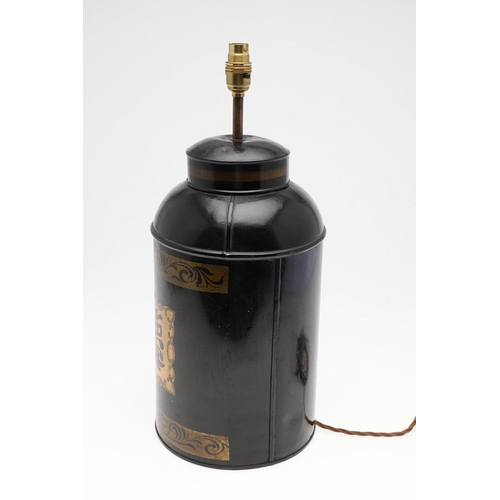 1465 - A TOLEWARE TEA CANISTER. with Chinese symbol decoration on a gilt ground, numbered '2', converted to... 