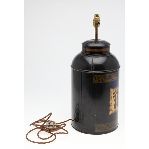 1465 - A TOLEWARE TEA CANISTER. with Chinese symbol decoration on a gilt ground, numbered '2', converted to... 