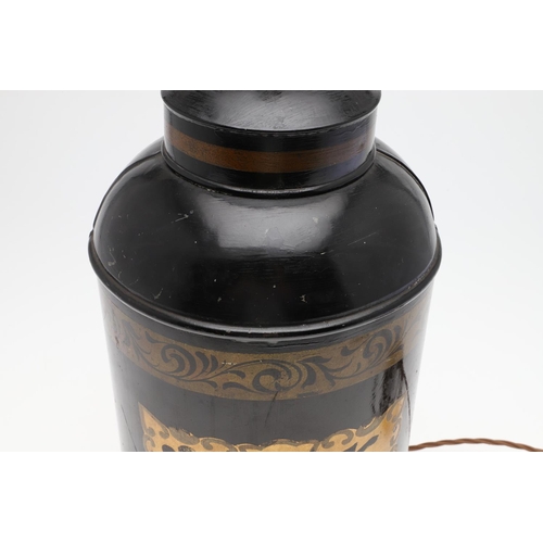 1465 - A TOLEWARE TEA CANISTER. with Chinese symbol decoration on a gilt ground, numbered '2', converted to... 