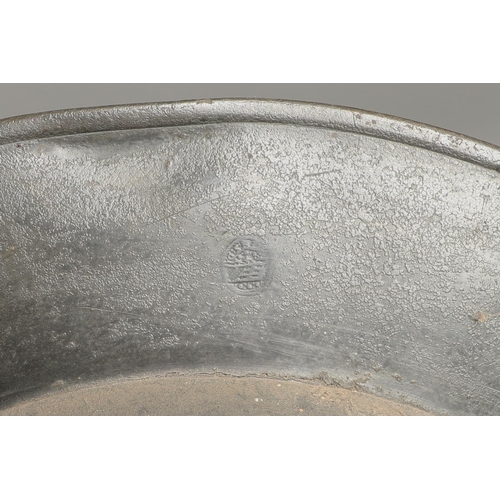 1468 - A PAIR OF LARGE 18TH CENTURY PEWTER PLATES. the rims with reeded border, stamped maker's mark to ver... 