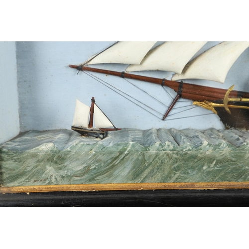 1470 - FOLK ART: A TALL SHIP DIORAMA. 19th century, of a half model full rigged ship upon the open sea and ... 