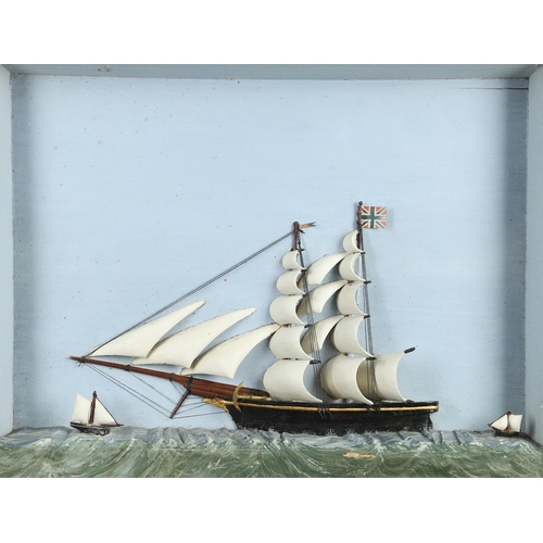 1470 - FOLK ART: A TALL SHIP DIORAMA. 19th century, of a half model full rigged ship upon the open sea and ... 