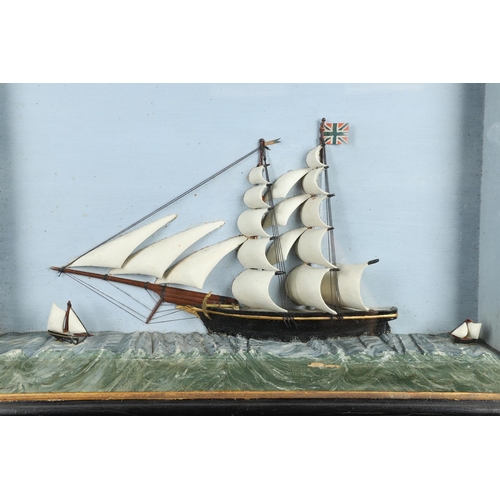 1470 - FOLK ART: A TALL SHIP DIORAMA. 19th century, of a half model full rigged ship upon the open sea and ... 