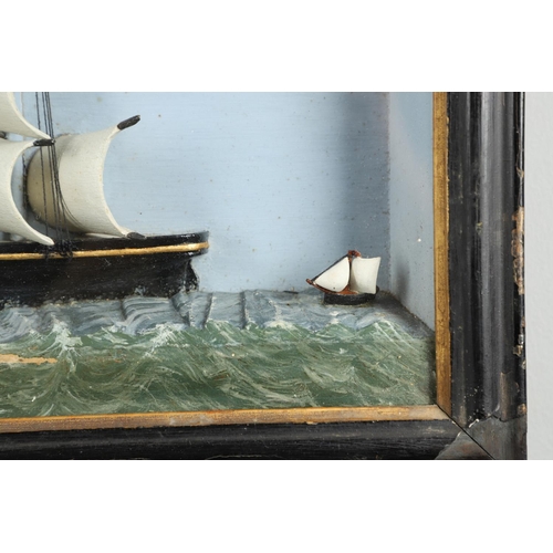 1470 - FOLK ART: A TALL SHIP DIORAMA. 19th century, of a half model full rigged ship upon the open sea and ... 