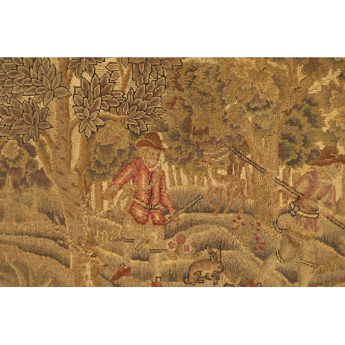 1474 - AN 18TH CENTURY WOOL AND SILK TAPESTRY PANEL. probably English, depicting a hunting scene of  figure... 