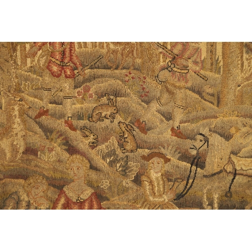 1474 - AN 18TH CENTURY WOOL AND SILK TAPESTRY PANEL. probably English, depicting a hunting scene of  figure... 