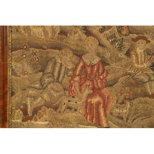 1474 - AN 18TH CENTURY WOOL AND SILK TAPESTRY PANEL. probably English, depicting a hunting scene of  figure... 