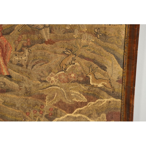 1474 - AN 18TH CENTURY WOOL AND SILK TAPESTRY PANEL. probably English, depicting a hunting scene of  figure... 