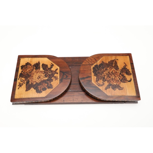 1475 - A 19TH CENTURY TUNBRIDGE WARE ROSEWOOD BOOK SLIDE. the curved ends with panels of floral inlay, widt... 