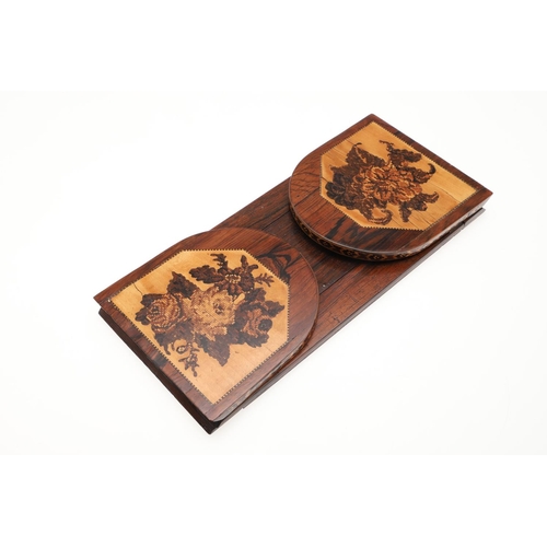 1475 - A 19TH CENTURY TUNBRIDGE WARE ROSEWOOD BOOK SLIDE. the curved ends with panels of floral inlay, widt... 