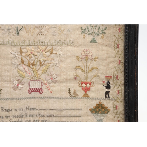 1476 - AN EARLY 19TH CENTURY NEEDLEWORK SAMPLER. depicting flowers and fruiting trees in planters flanked b... 