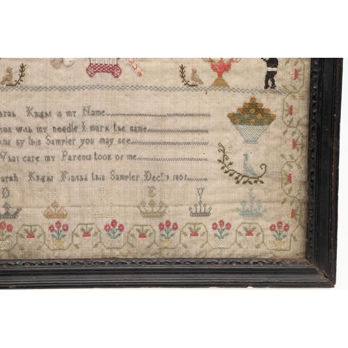 1476 - AN EARLY 19TH CENTURY NEEDLEWORK SAMPLER. depicting flowers and fruiting trees in planters flanked b... 