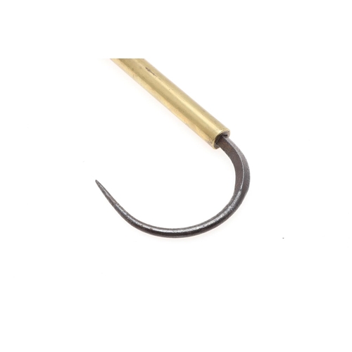 1477 - A 19TH CENTURY BRASS FISHING GAFF. the iron extending hook within a brass shaft and ring turned wood... 