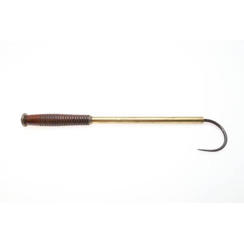 1477 - A 19TH CENTURY BRASS FISHING GAFF. the iron extending hook within a brass shaft and ring turned wood... 