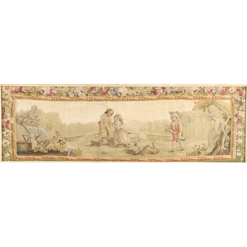 1478 - AN 18TH CENTURY FRENCH NEEDLEWORK PANEL. depicting figures and their dog playing in a garden setting... 