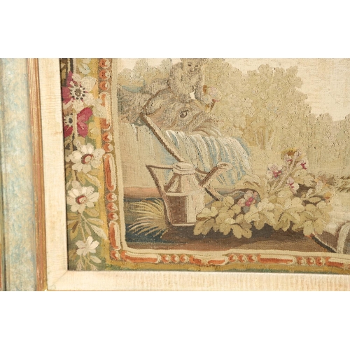 1478 - AN 18TH CENTURY FRENCH NEEDLEWORK PANEL. depicting figures and their dog playing in a garden setting... 