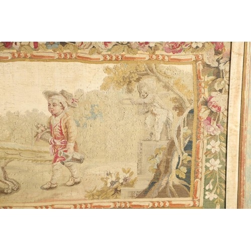 1478 - AN 18TH CENTURY FRENCH NEEDLEWORK PANEL. depicting figures and their dog playing in a garden setting... 