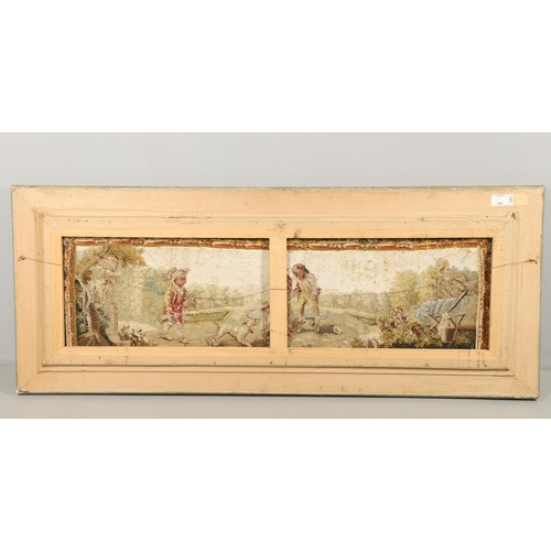 1478 - AN 18TH CENTURY FRENCH NEEDLEWORK PANEL. depicting figures and their dog playing in a garden setting... 