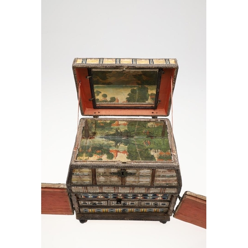 1481 - A RARE CHARLES II SILKWORK TABLE CASKET. having hinged doors to the front opening to reveal seven si... 