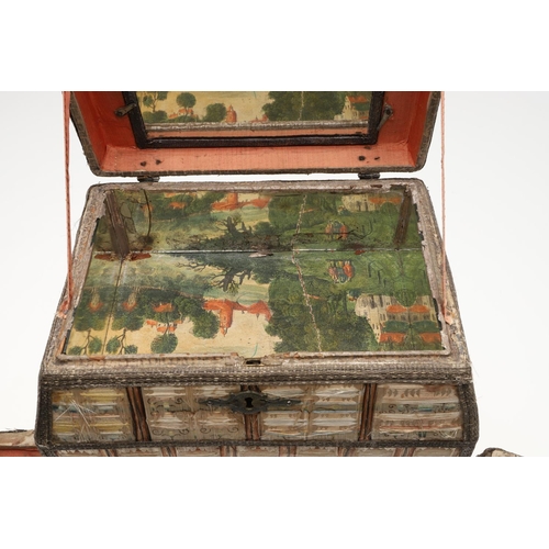 1481 - A RARE CHARLES II SILKWORK TABLE CASKET. having hinged doors to the front opening to reveal seven si... 