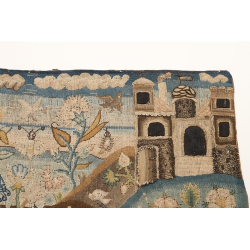 1483 - A 17TH CENTURY NEEDLEWORK PICTORIAL PANEL. depicting a hilly landscape, a castle with opening door, ... 