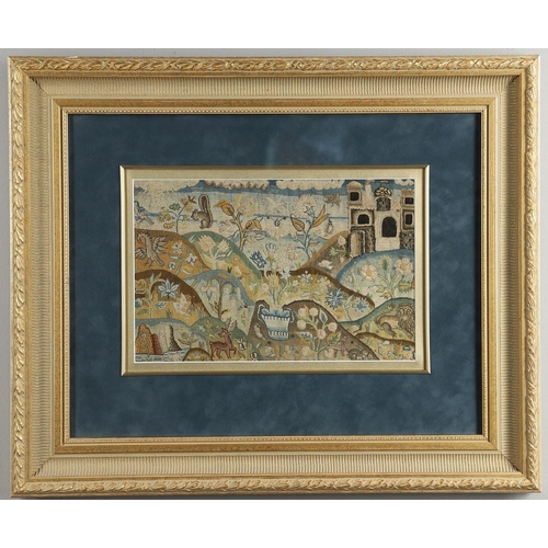 1483 - A 17TH CENTURY NEEDLEWORK PICTORIAL PANEL. depicting a hilly landscape, a castle with opening door, ... 