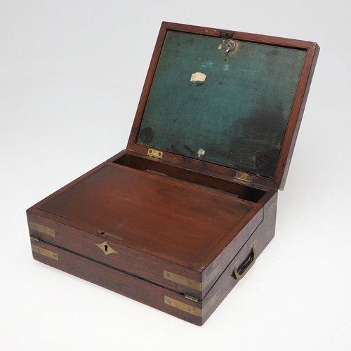 1494 - A 19TH CENTURY MAHOGANY AND BRASS BOUND WRITING SLOPE. in the Campaign style with recessed side hand... 