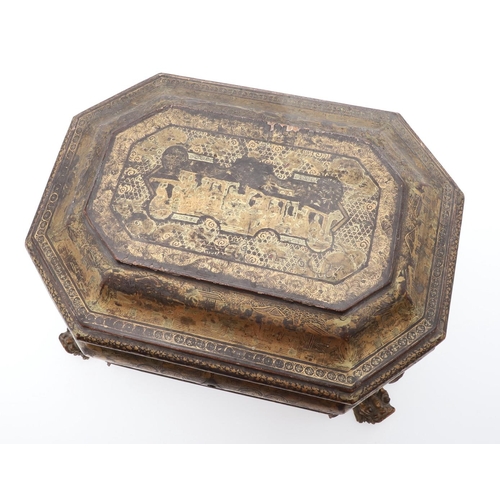 1506 - A CHINESE EXPORT BLACK LACQUERED AND GILT TEA CADDY. of octagonal form with gilt Chinoiserie decorat... 