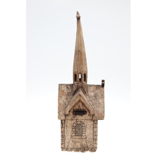 1507 - FOLK ART: A CONTINENTAL CARVED ELM (?) CHURCH. dated 1881 and initialled D.A.F.P, with penwork Roman... 