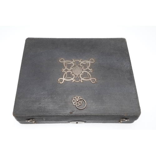 1508 - A GEORGE III SHAGREEN WRITING CASE. the lid with elaborate steel mount and crest, enclosing an arran... 