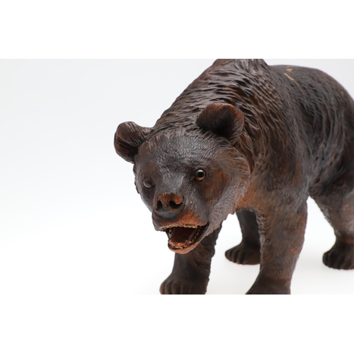 1509 - A BLACK FOREST CARVED BEAR. carved in a walking stance, with painted open mouth and glass eyes, heig... 