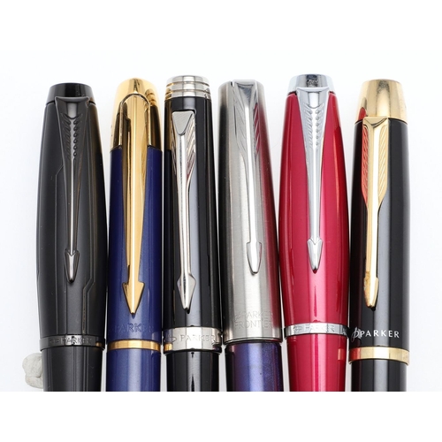 1510 - A COLLECTION OF PARKER FOUNTAIN PENS. including a matt black example, pink bodied example and a purp... 