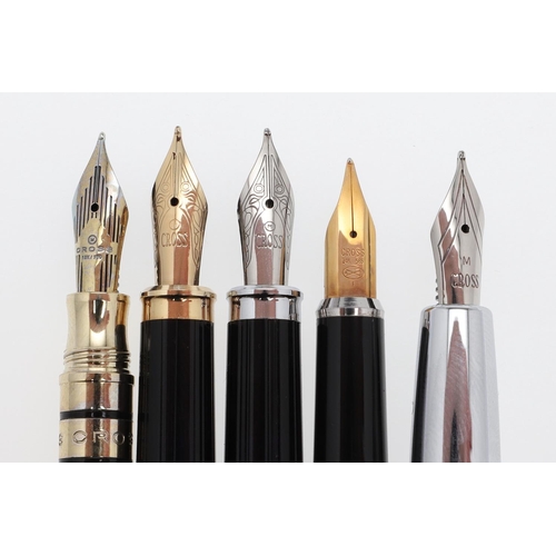 1513 - CROSS: FIVE FOUNTAIN PENS. comprising a 10k rolled gold pen with a 14k nib, a slimline example with ... 