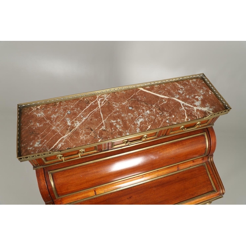 1557 - A 19TH CENTURY MAHOGANY AND BRASS INLAID BUREAU. with pierced brass gallery to a rouge marble top an... 