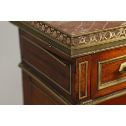 1557 - A 19TH CENTURY MAHOGANY AND BRASS INLAID BUREAU. with pierced brass gallery to a rouge marble top an... 