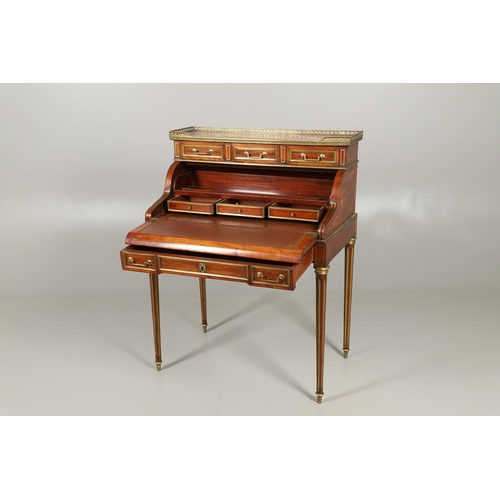 1557 - A 19TH CENTURY MAHOGANY AND BRASS INLAID BUREAU. with pierced brass gallery to a rouge marble top an... 