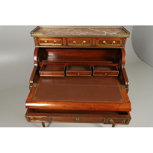 1557 - A 19TH CENTURY MAHOGANY AND BRASS INLAID BUREAU. with pierced brass gallery to a rouge marble top an... 