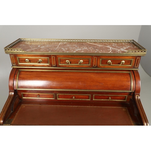 1557 - A 19TH CENTURY MAHOGANY AND BRASS INLAID BUREAU. with pierced brass gallery to a rouge marble top an... 