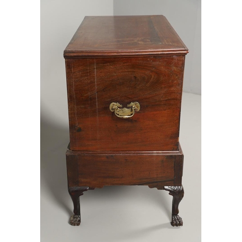 1559 - A 19TH CENTURY MAHOGANY DOWER CHEST ON STAND. the hinged lid enclosing a vacant interior, brass carr... 