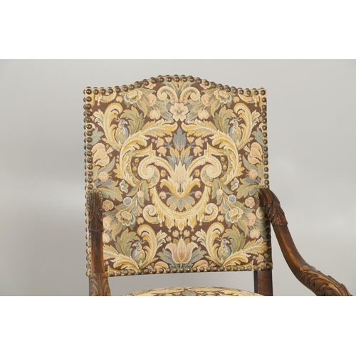 1564 - A VICTORIAN CARVED OAK THRONE CHAIR. the frame carved with acanthus leaf detail to the scroll arms, ... 