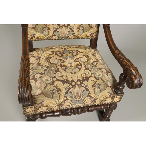 1564 - A VICTORIAN CARVED OAK THRONE CHAIR. the frame carved with acanthus leaf detail to the scroll arms, ... 