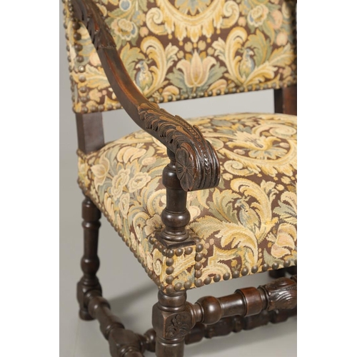 1564 - A VICTORIAN CARVED OAK THRONE CHAIR. the frame carved with acanthus leaf detail to the scroll arms, ... 